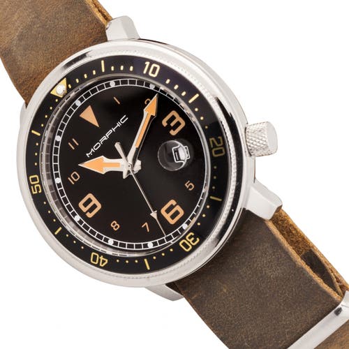 Morphic M74 Series Leather-band Watch W/magnified Date Display In Brown/black & Gold/black