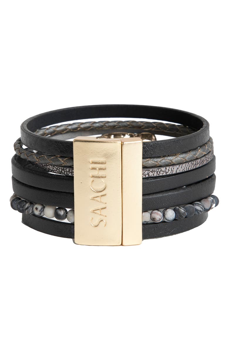 SAACHI Hollis Beaded Leather Bracelet, Alternate, color, Black