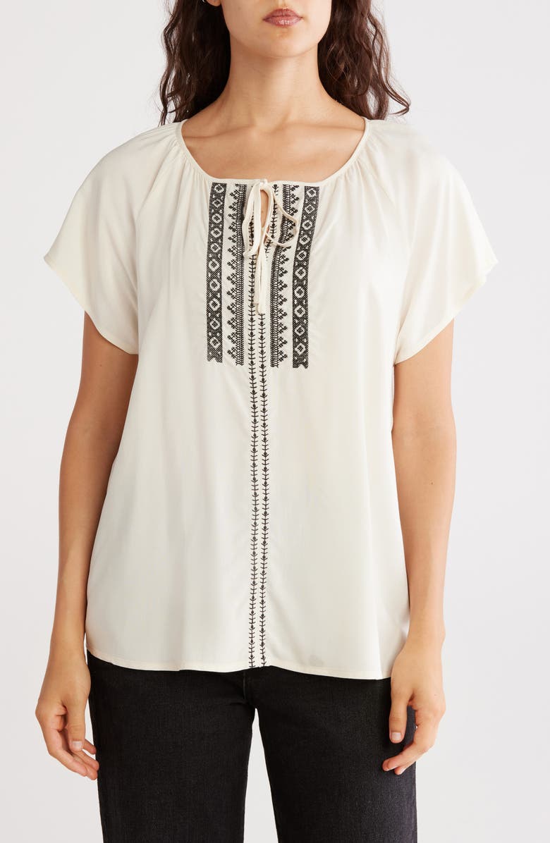 CHELSEA AND THEODORE Golden Dream Embroidered Short Sleeve Top, Main, color, Ivory/ Black