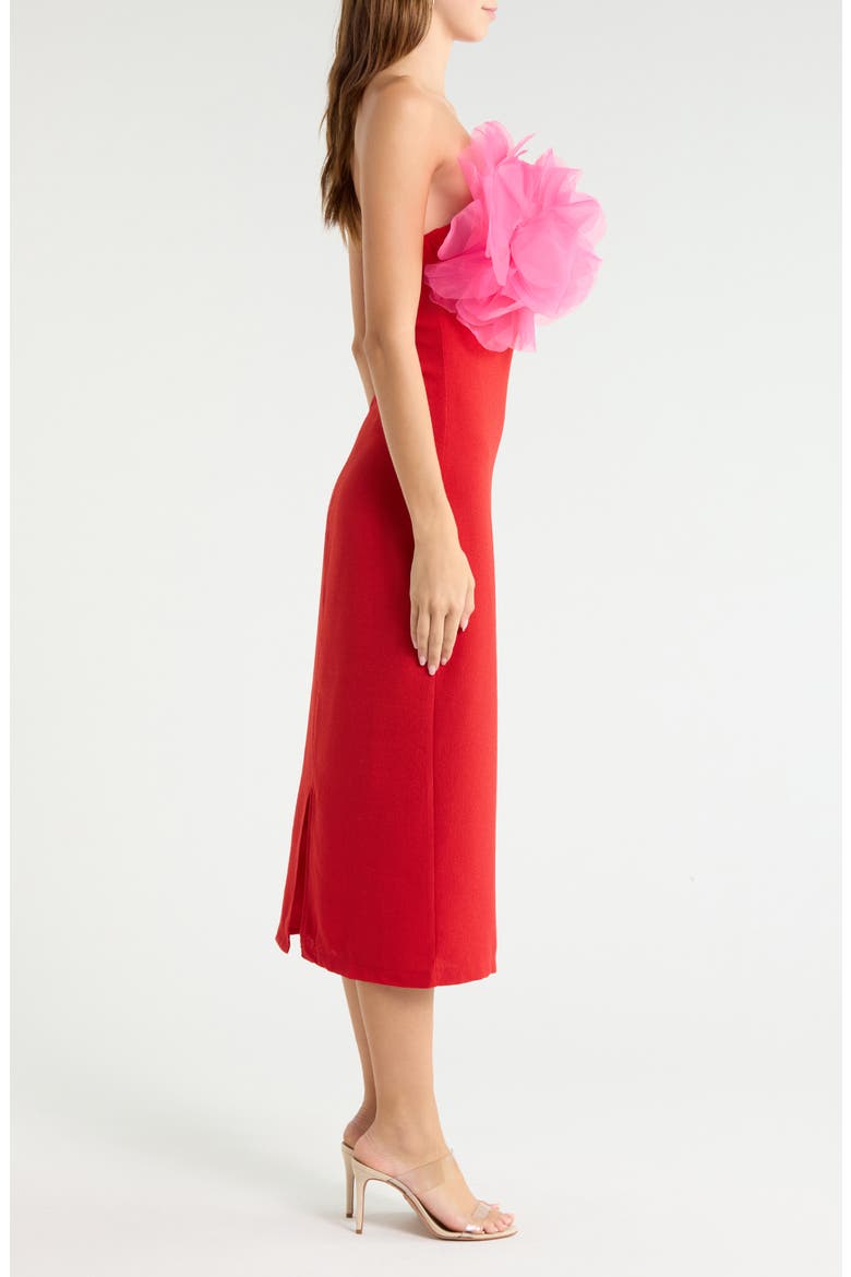 Kailany Floral Organza Trim Strapless Midi Dress, Alternate, color, RED PINK