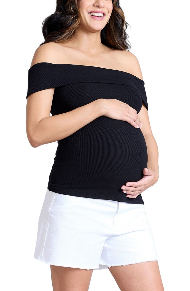 MOTHERHOOD MATERNITY Rib Knit Short Sleeve Off The Shoulder Top, Main, color, Black