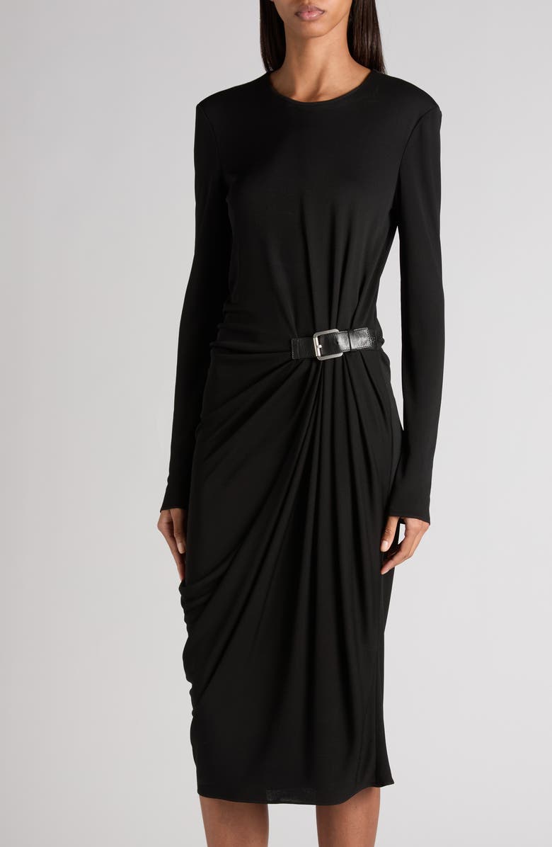 TOM FORD Gathered Waist Long Sleeve Jersey Dress, Alternate, color, Black