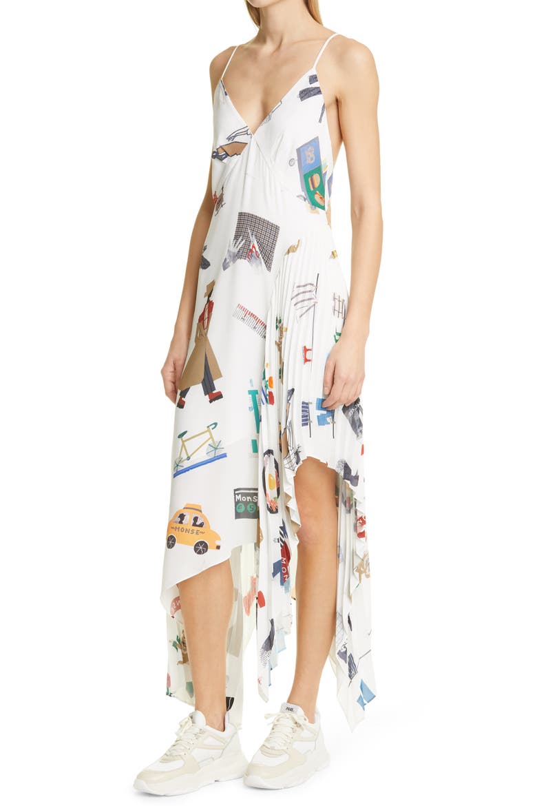 NYC Scrapbook Print Pleated Asymmetric Slipdress, Alternate, color, IVORY MULTI