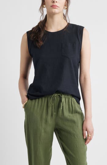 Caslon ® Cap Sleeve Linen Blend Top In Black