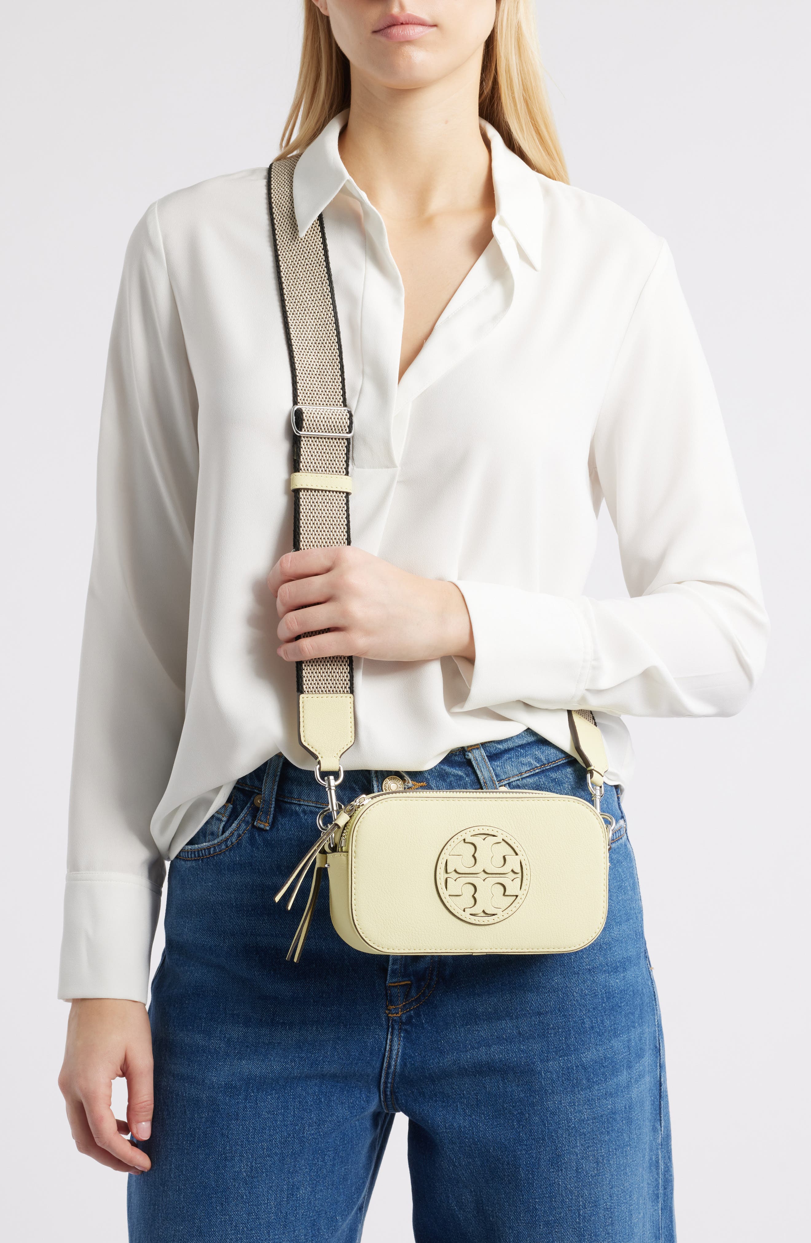 Tory Burch Miller Matte Mini Leather Crossbody Bag, Alternate, color, Lemon Zest