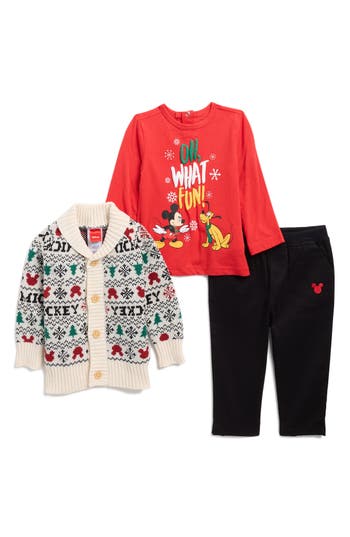 Assorted Cardigan, T-shirt & Pants Set In Red