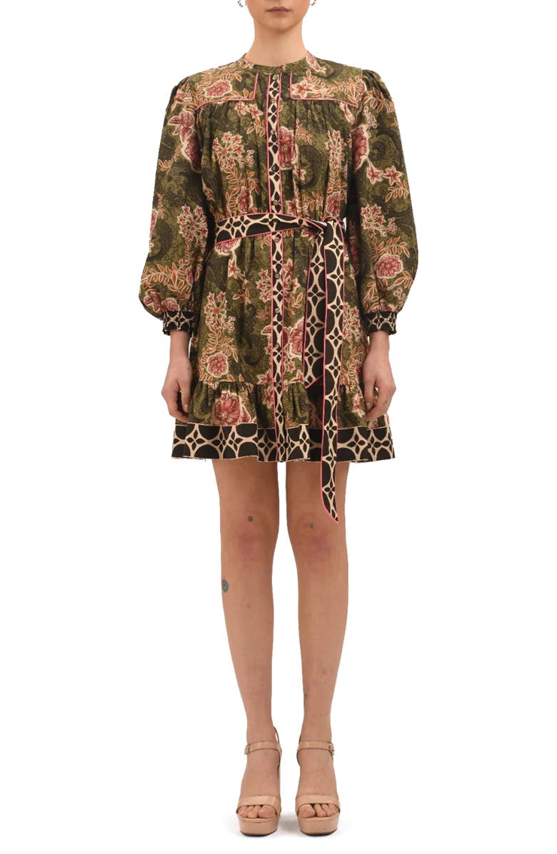 Celina Moon Rosette Floral Long Sleeve Minidress, Main, color, Pink