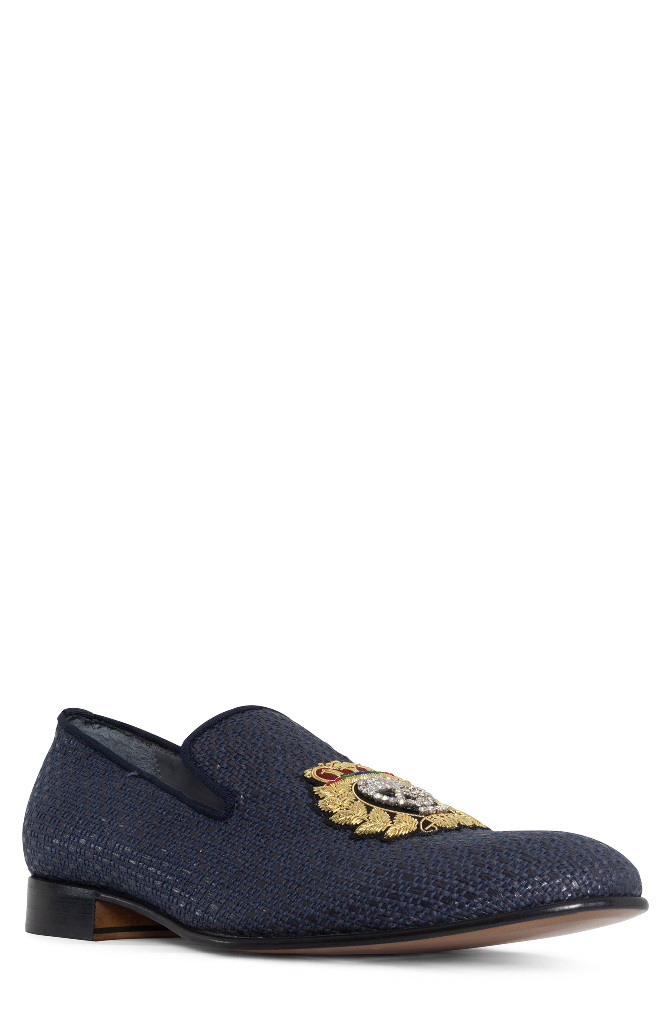 Donald Pliner Crest Embroidered Patch Loafer, Main, color, Navy