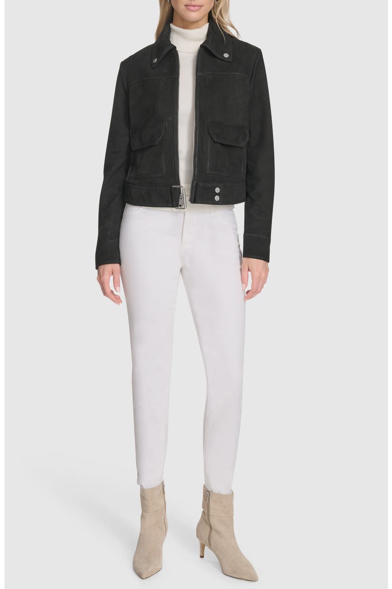 Luneta Suede Trucker Jacket, Alternate, color, BLACK