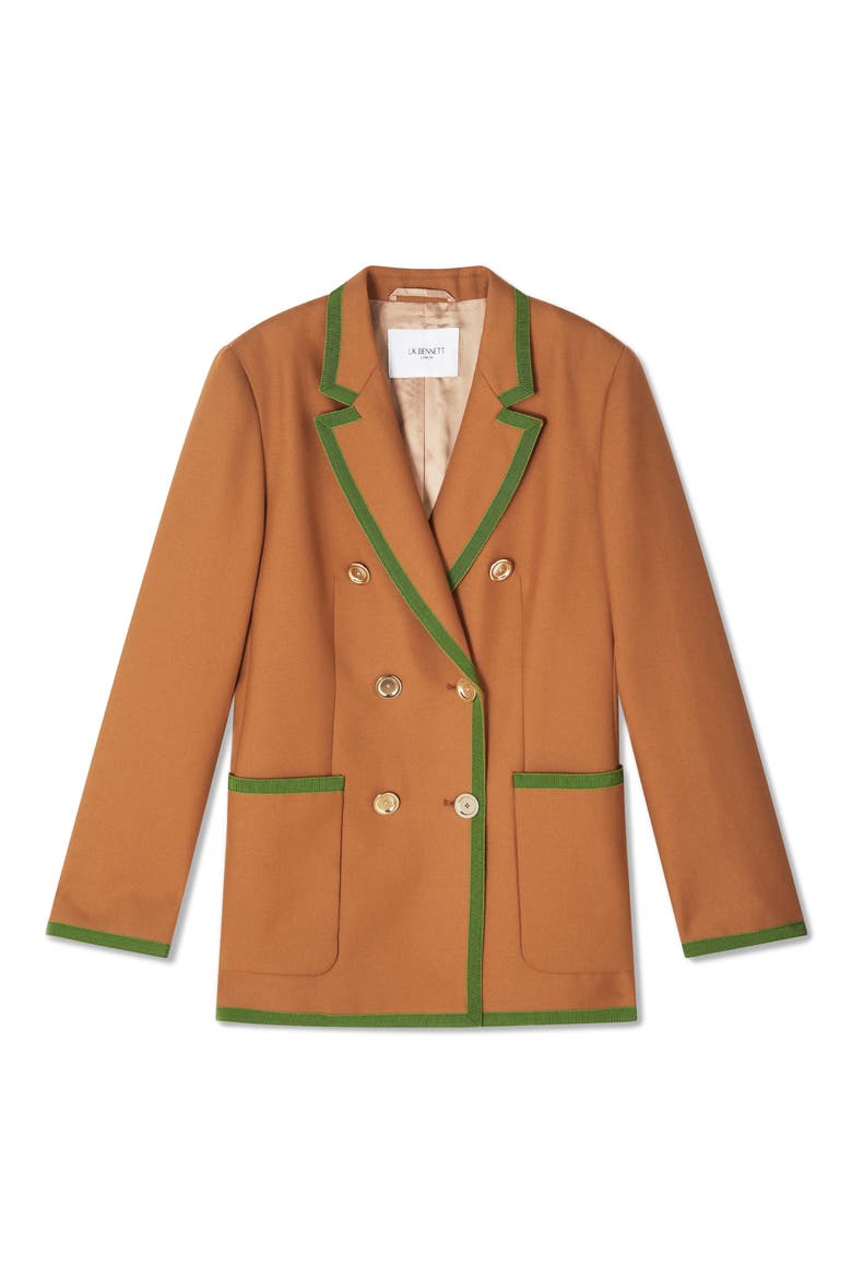 Cordelia Grosgrain Trim Double Breasted Blazer, Alternate, color, BROWN