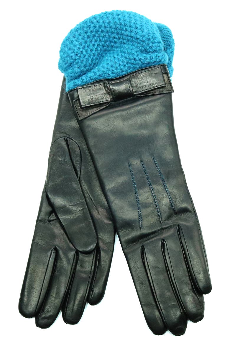 Leather Gloves with Knit Cuffs, Main, color, BLACK/ TEAL