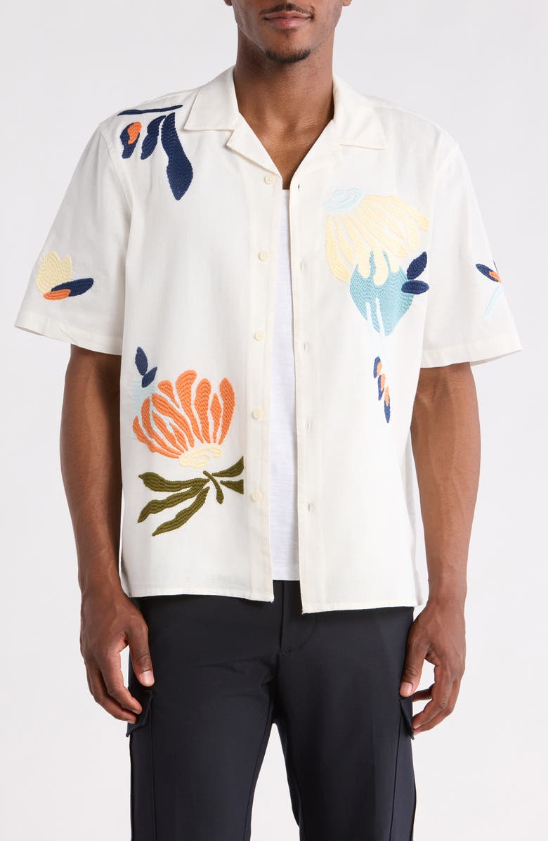 Wax London Didcot Embroidered Cotton & Linen Camp Shirt, Main, color, Ecru / Multi