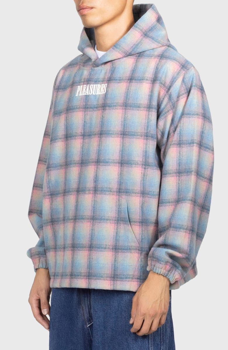 PLEASURES Sender Oversize Ombré Check Cotton Flannel Hoodie, Alternate, color, Pink