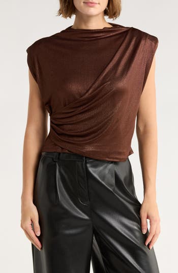 Muse Mock Neck Pleated Foil Top In Brown