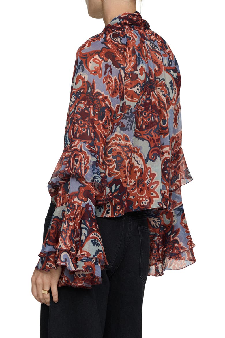 Ruffle Paisley Print Top, Alternate, color, BROWN