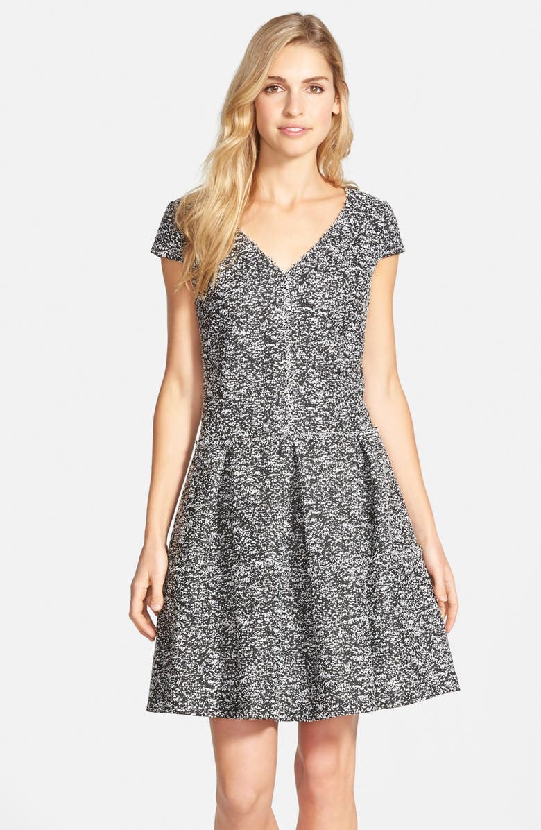 Betsey Johnson Fringed Seam Bouclé Fit & Flare Dress, Main, color, 