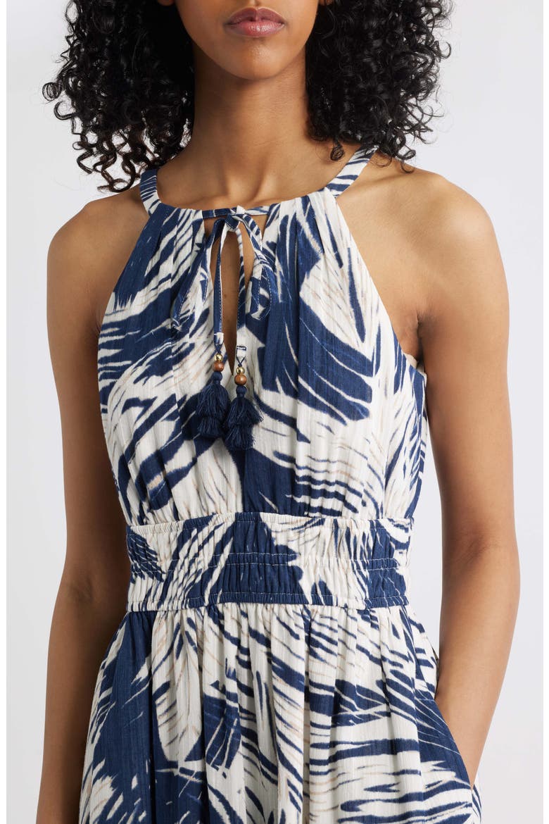 Leaf Print Cotton Halter Neck Midi Dress, Alternate, color, NAVY