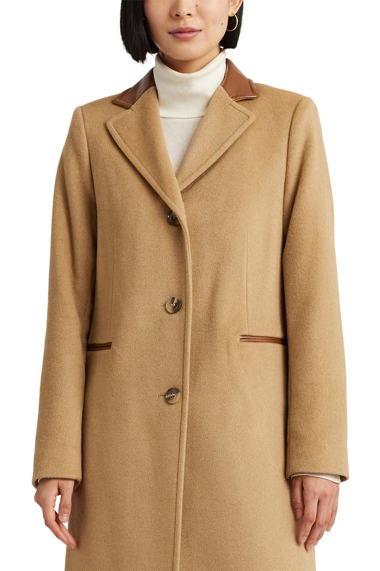 Faux Leather Trim Wool Blend Longline Coat, Alternate, color, CAMEL