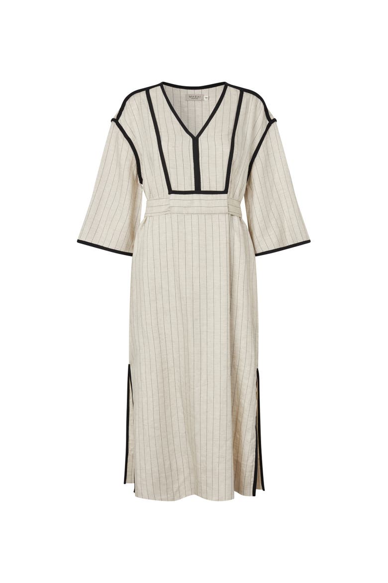 Maneyla Linen-Blend V-Neck Dress, Alternate, color, Fog