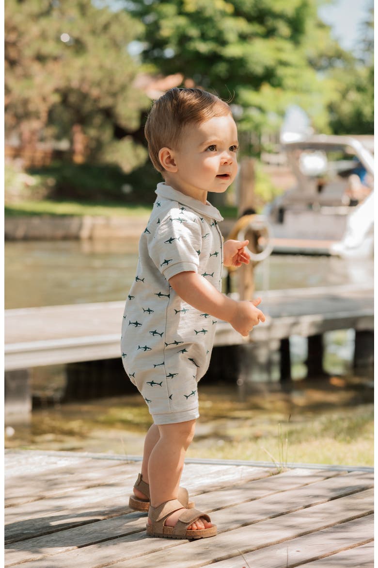Shark Print Cotton Polo Romper, Alternate, color, LIGHT GREY