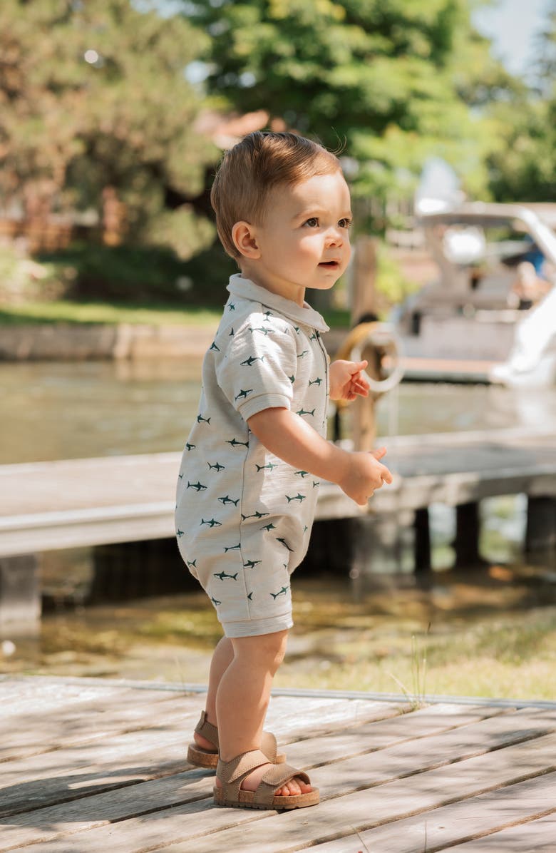 Petit Lem Shark Print Cotton Polo Romper, Alternate, color, Light Grey