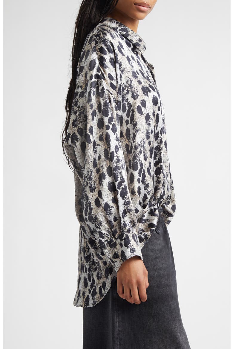 Leopard Print Drop Neck Silk Button-Up Shirt, Alternate, color, BLACK SILVER LEOPARD