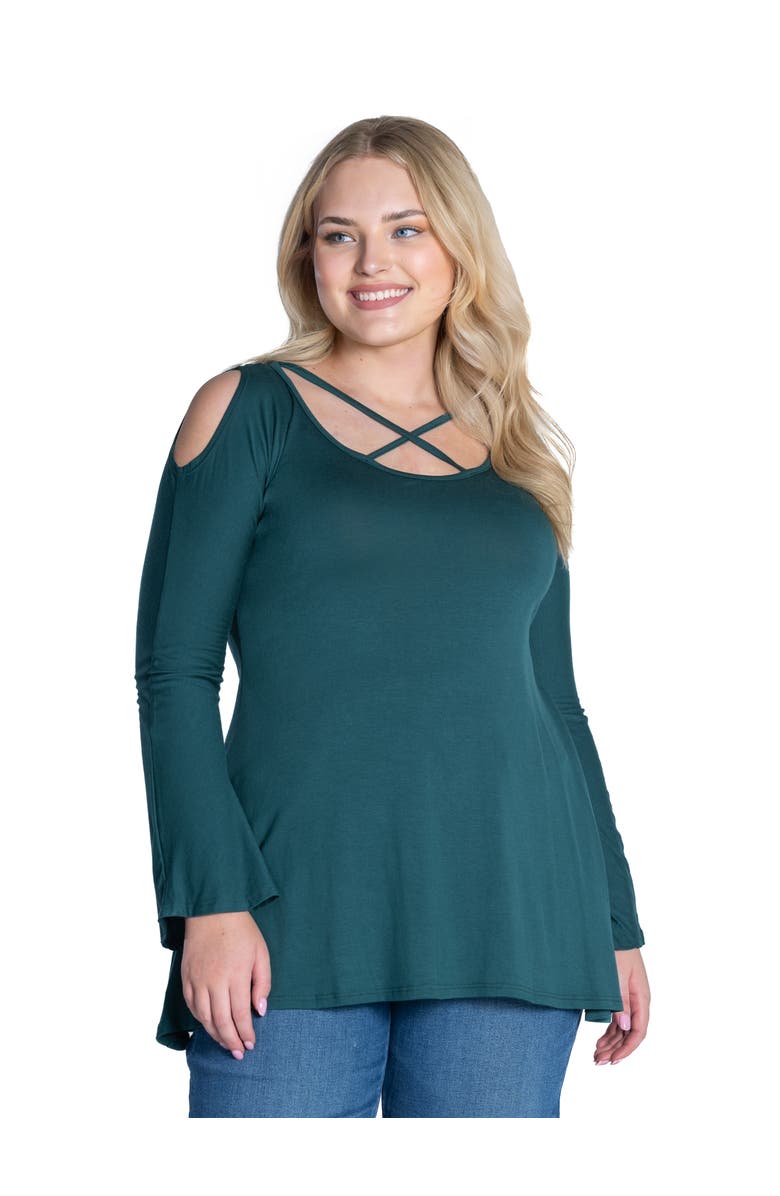 24seven Comfort Apparel Long Sleeve Criss Cross Cold Shoulder Top, Main, color, Hunter