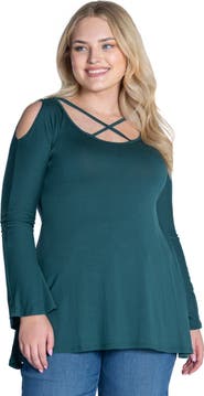 24seven Comfort Apparel Long Sleeve Criss Cross Cold Shoulder Top