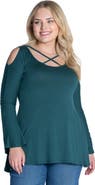 24seven Comfort Apparel Long Sleeve Criss Cross Cold Shoulder Top
