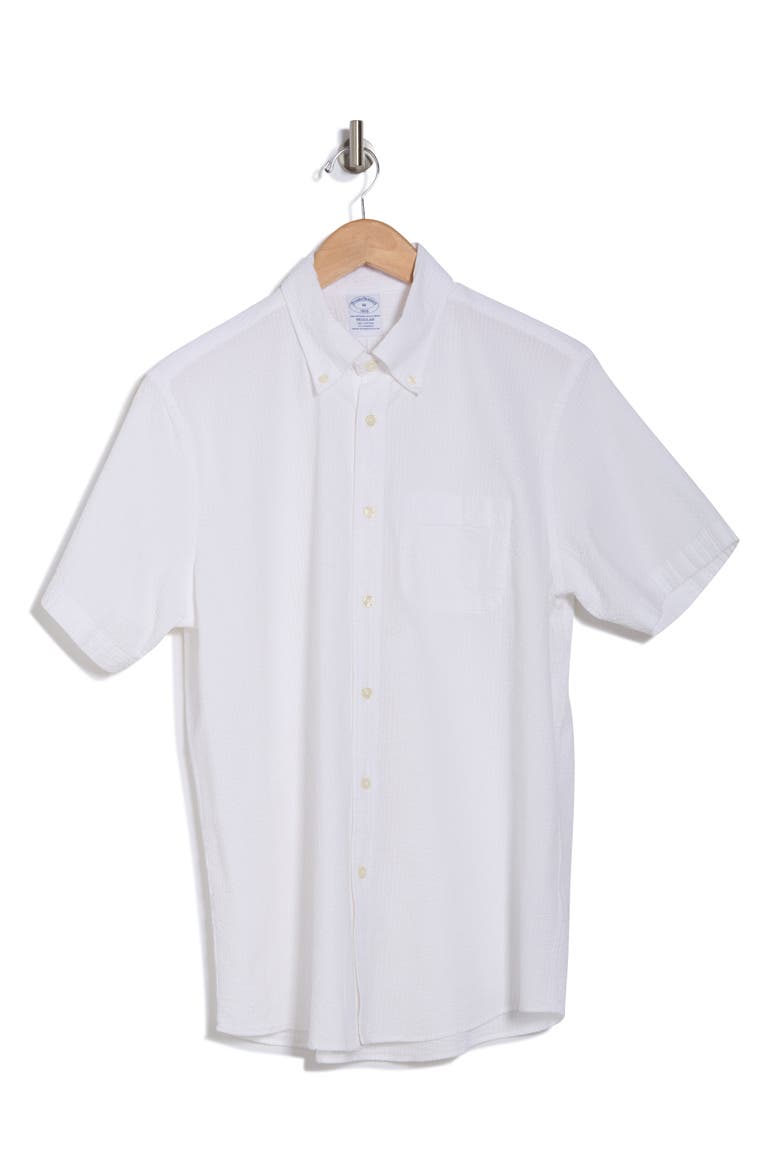 Regular Fit Cotton Seersucker Short Sleeve Button-Down Shirt, Alternate, color, WHITE