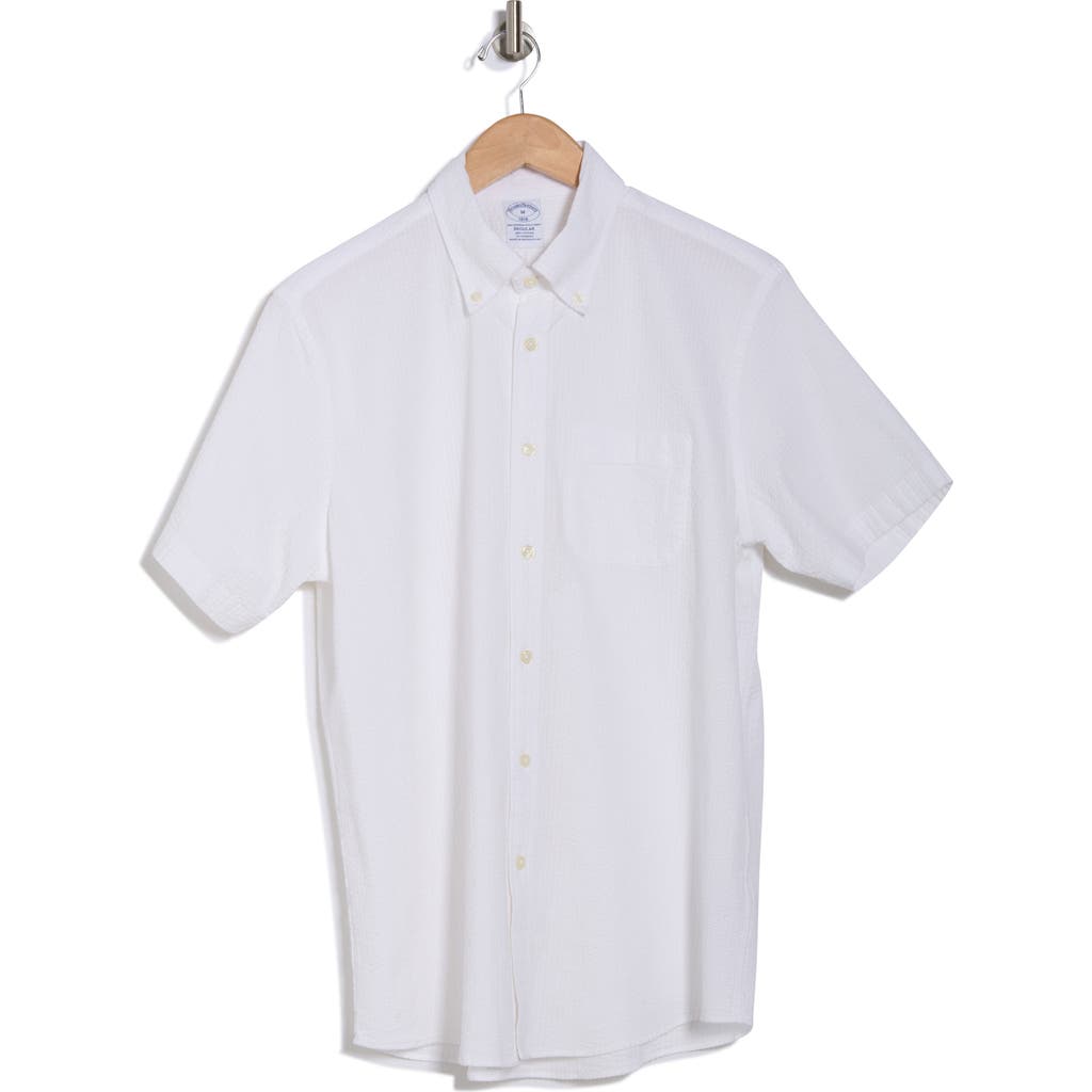 Brooks Brothers Regular Fit Cotton Seersucker Short Sleeve Button-down Shirt In White
