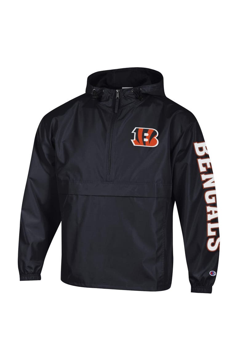 Men's Champion Black Cincinnati Bengals Packable Hooded Windbreaker Half-Zip Jacket, Alternate, color, Black