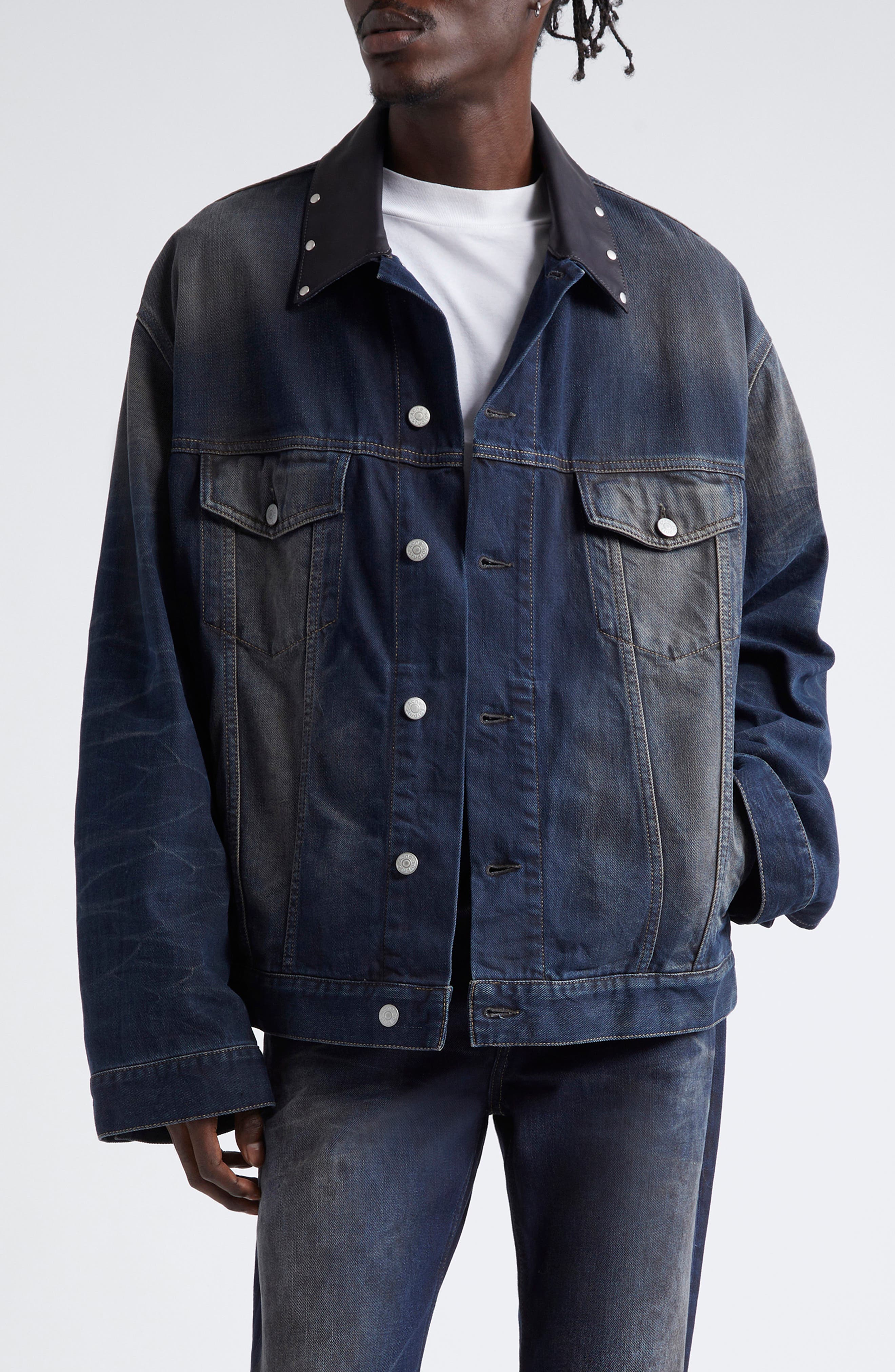 Acne Studios Leather Collar Oversize Denim Jacket in Dark Blue 