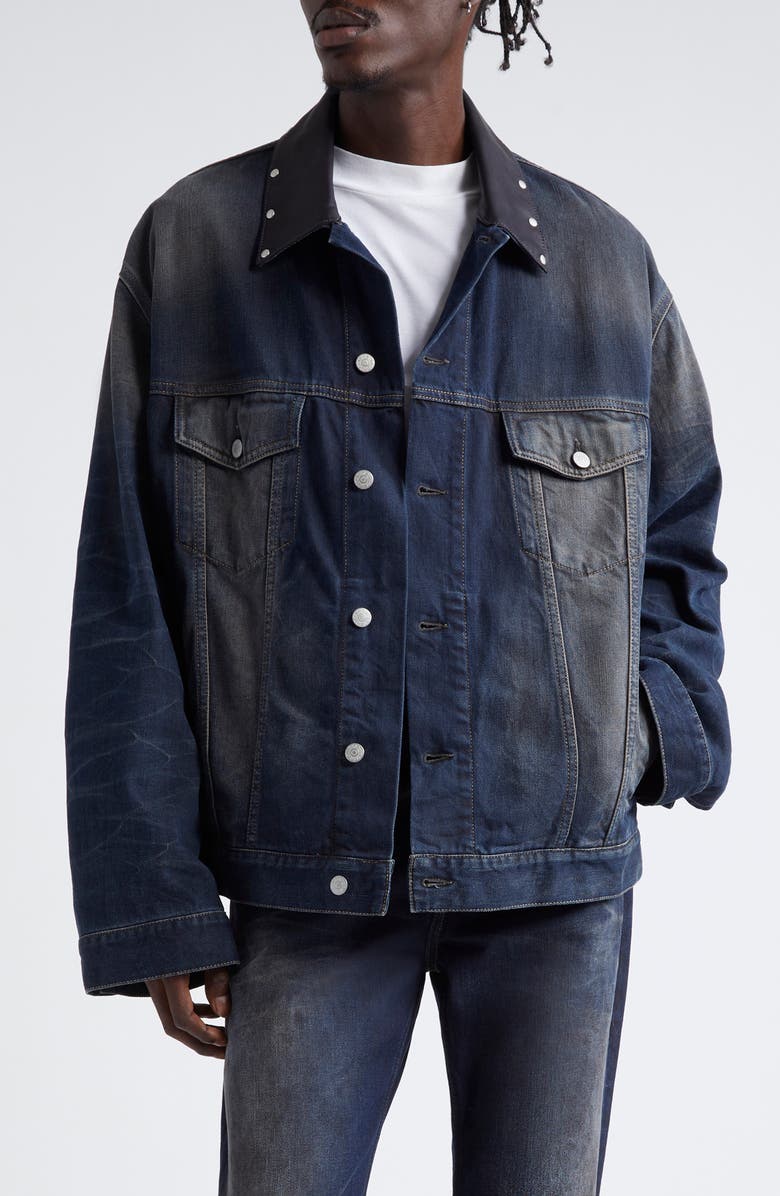 Acne Studios Leather Collar Oversize Denim Jacket, Main, color, Dark Blue