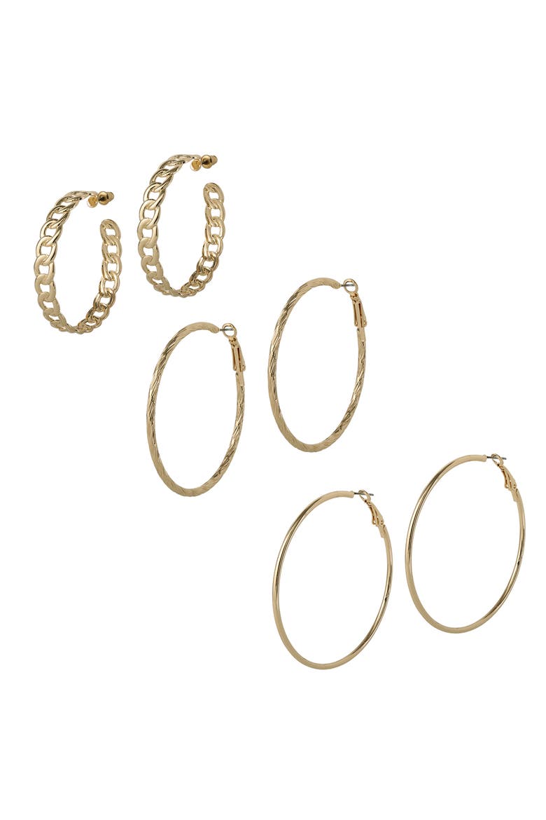 3-Piece Hoop and Chain Hoop Earring Set in Gold-Tone, Main, color, Gold