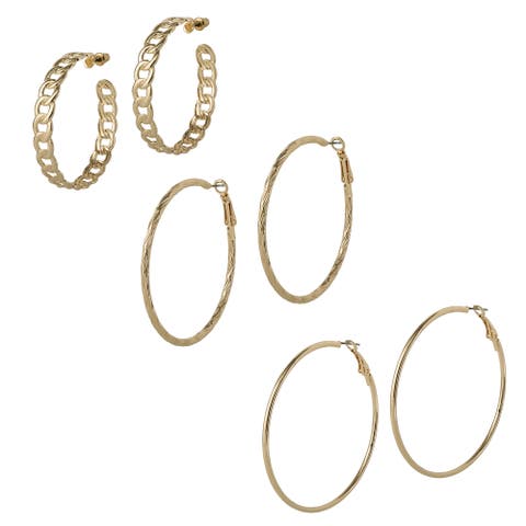3-Piece Hoop and Chain Hoop Earring Set in Gold-Tone
