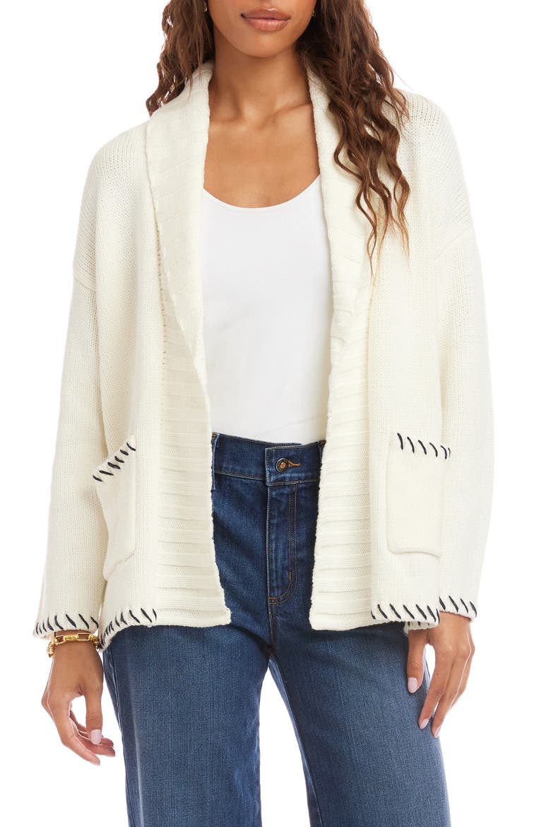 Contrast Stitch Open Front Cardigan, Main, color, OFF WHITE W/ NAVY