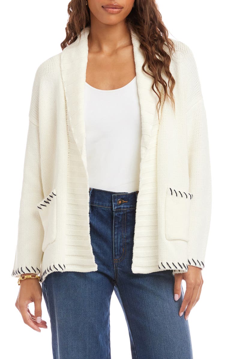 Karen Kane Contrast Stitch Open Front Cardigan, Main, color, Off White W/ Navy