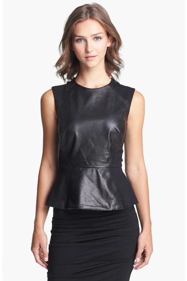 Leather & Ponte Knit Peplum Top, Main, color, BLACK