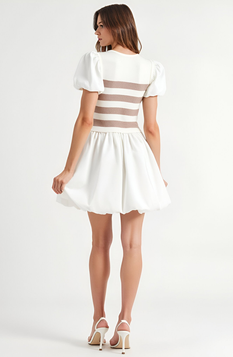 Modenaire Striped Knit Bodice Puff Sleeve Mini Dress with Bubble Hem, Alternate, color, 