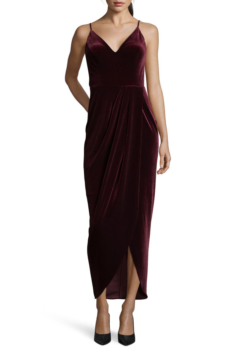 Xscape Velvet Tulip Hem Gown, Main, color, BURGUNDY