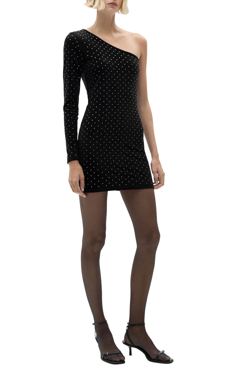 MANGO One-Shoulder Crystal Detail Velvet Dress, Main, color,