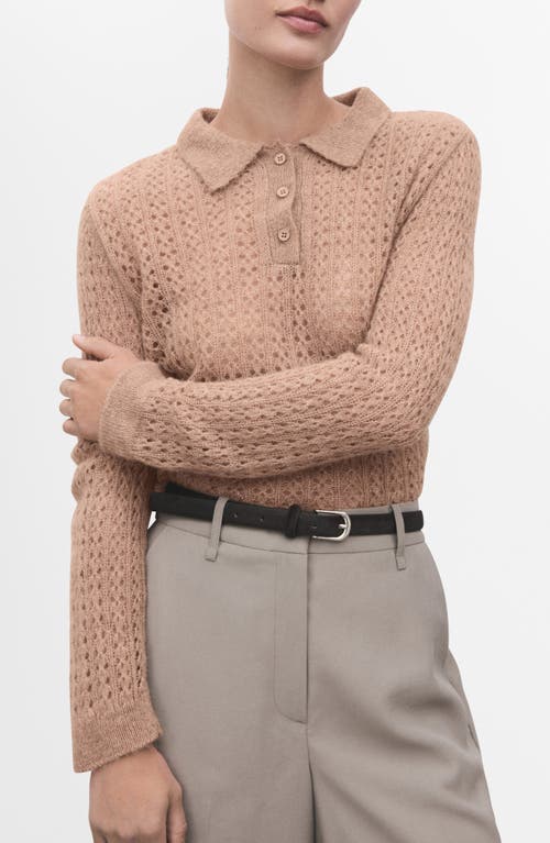 Mango Openwork Knit Polo In Brown