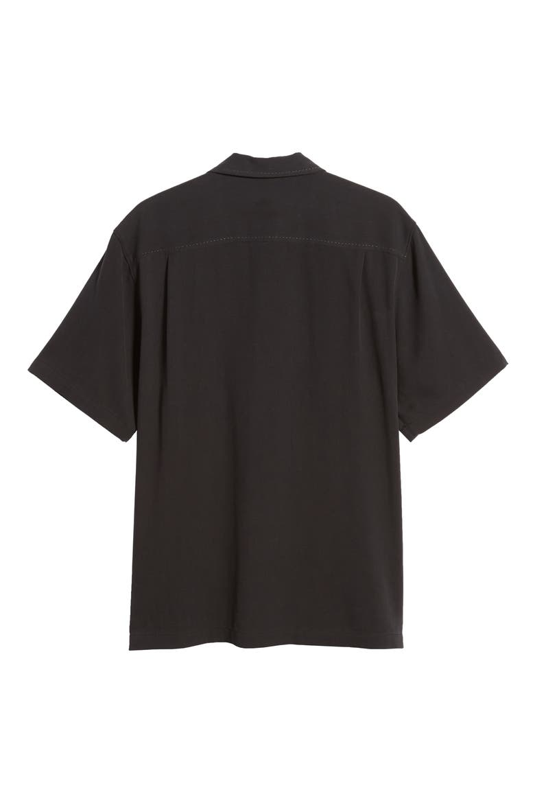 Herringbone Short Sleeve Silk Button-Up Camp Shirt, Alternate, color, BLACK