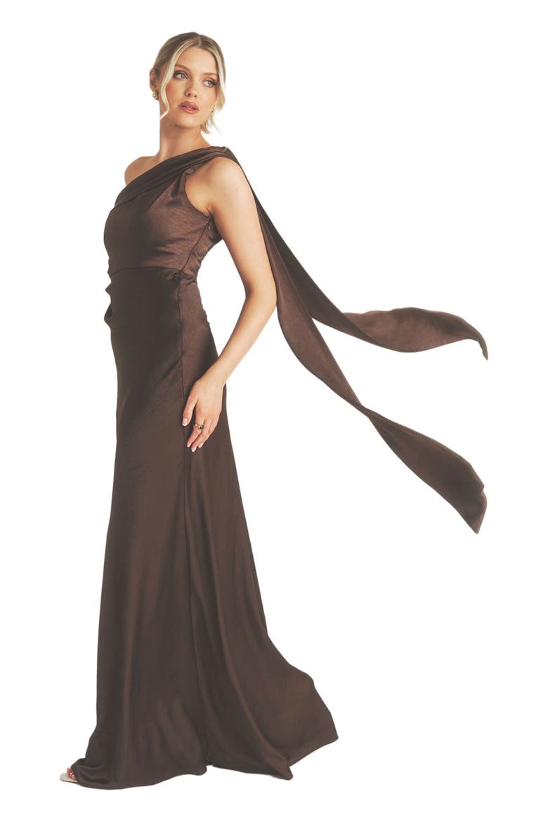 One Shoulder Drape Bridesmaid Dress, Alternate, color, Chocolate