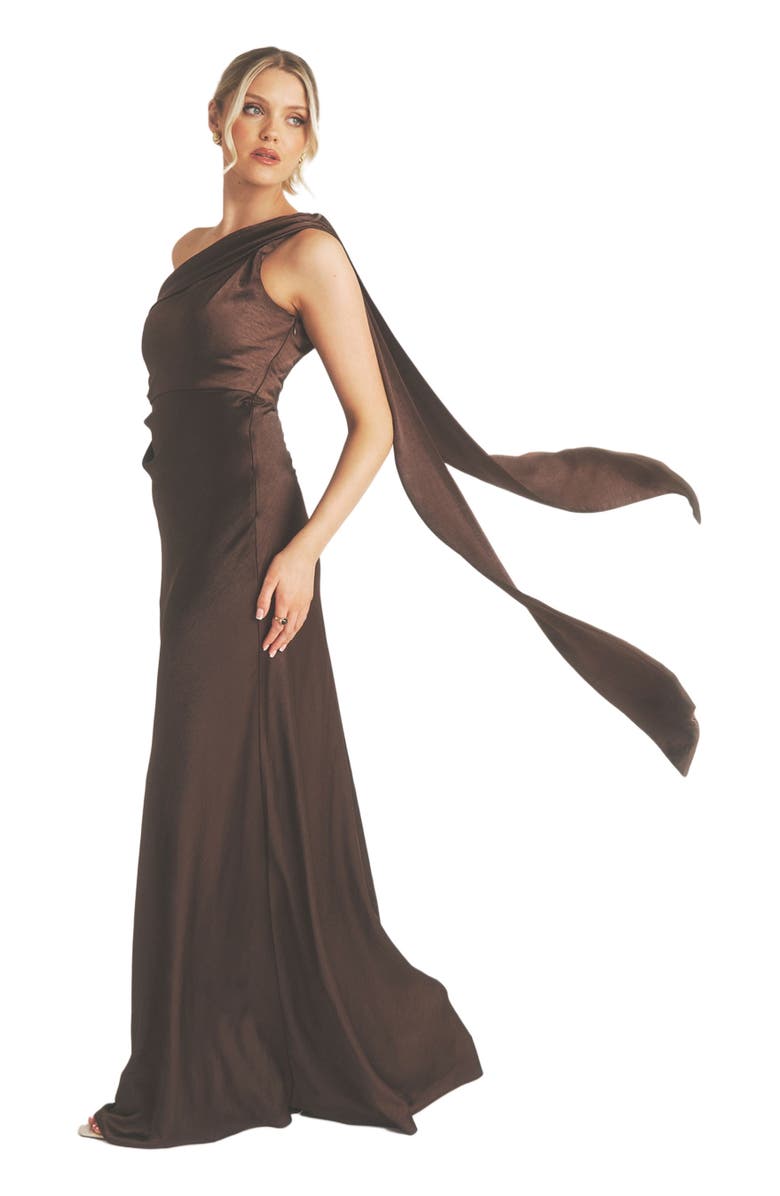 Six Stories One Shoulder Drape Bridesmaid Dress, Alternate, color, Chocolate