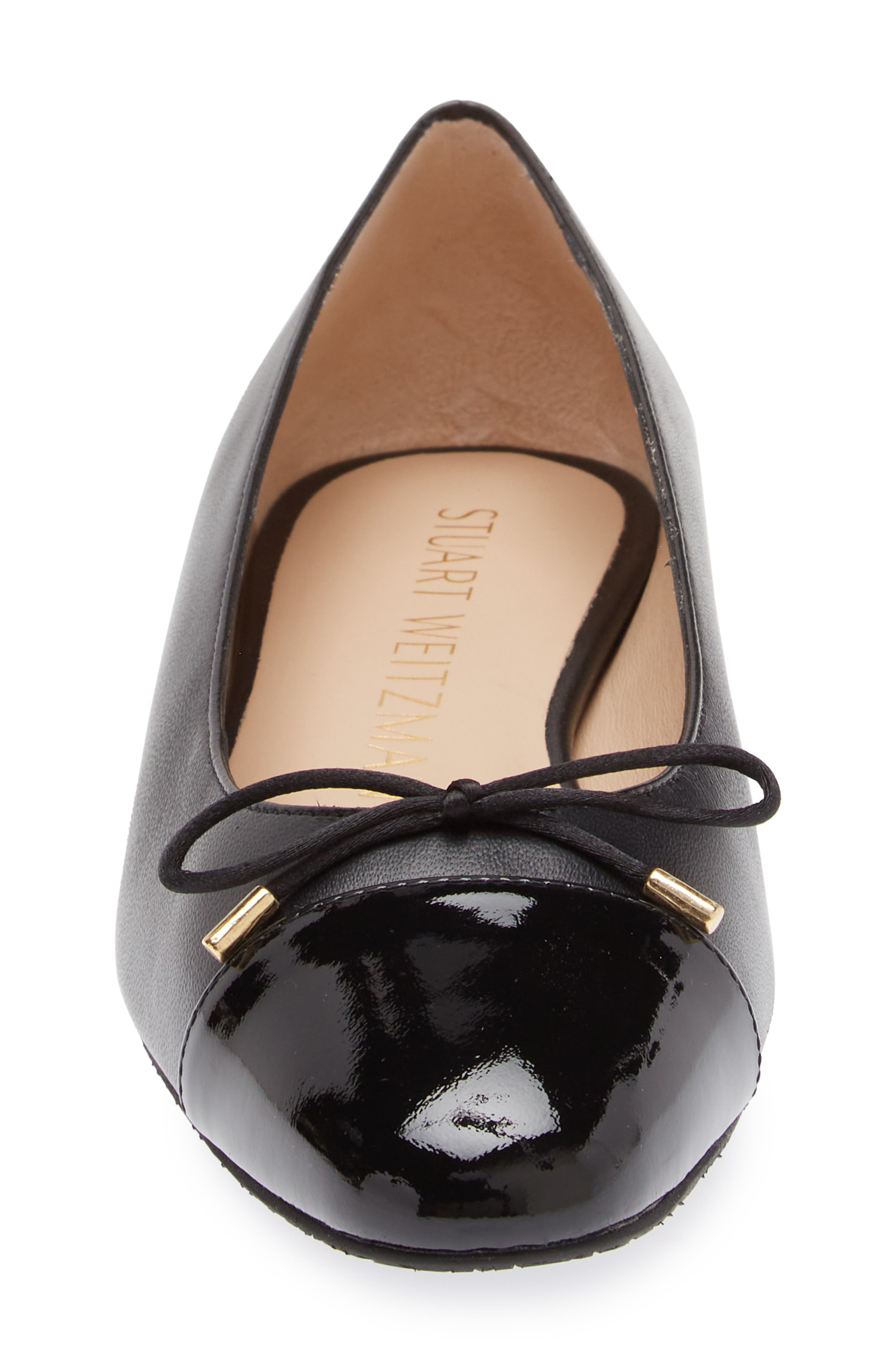 Stuart Weitzman Sleek Cap Toe Bow Flat, Alternate, color, Black