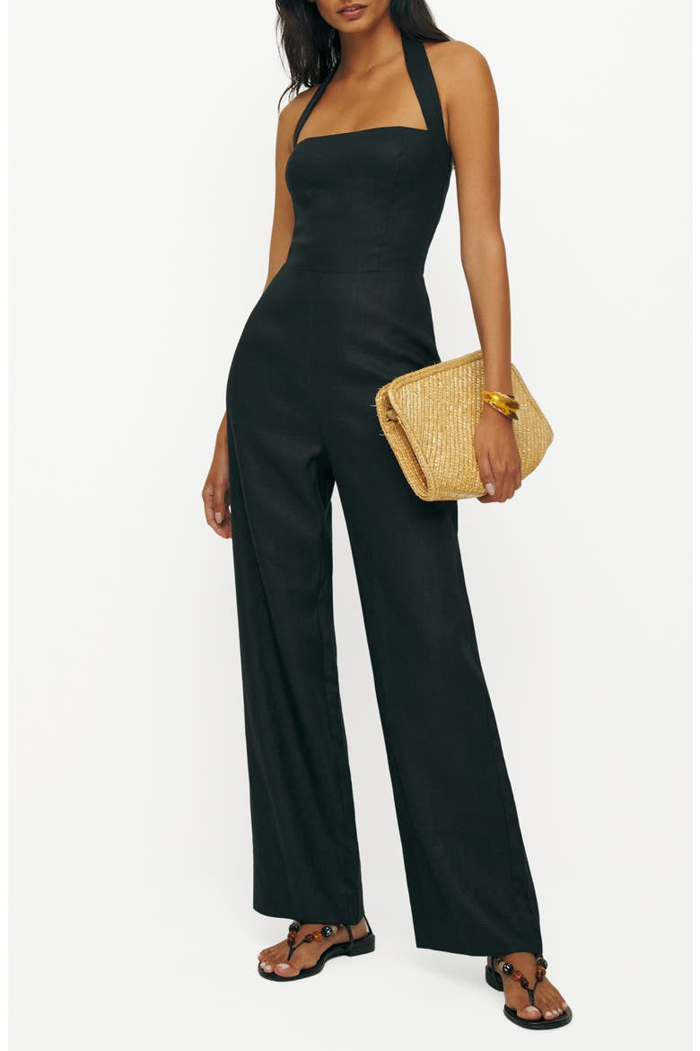 Malika Linen Halter Jumpsuit, Main, color, BLACK