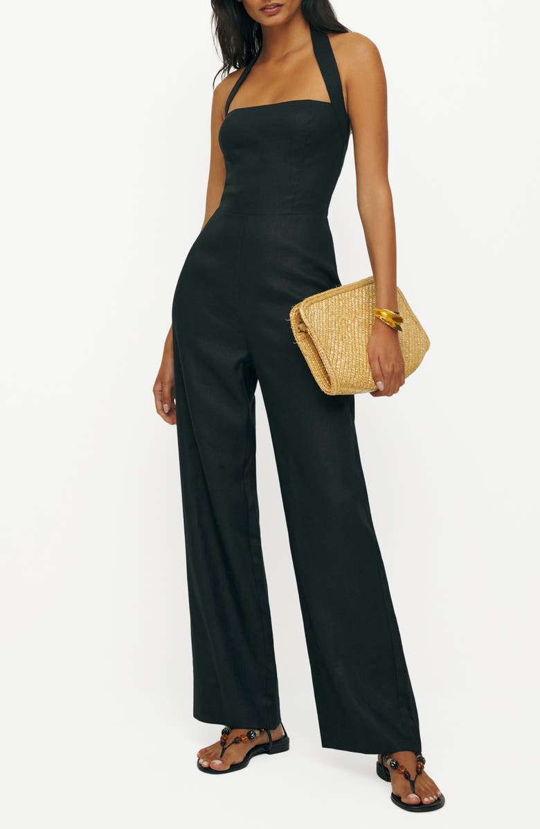 Reformation Malika Linen Halter Jumpsuit, Main, color, Black