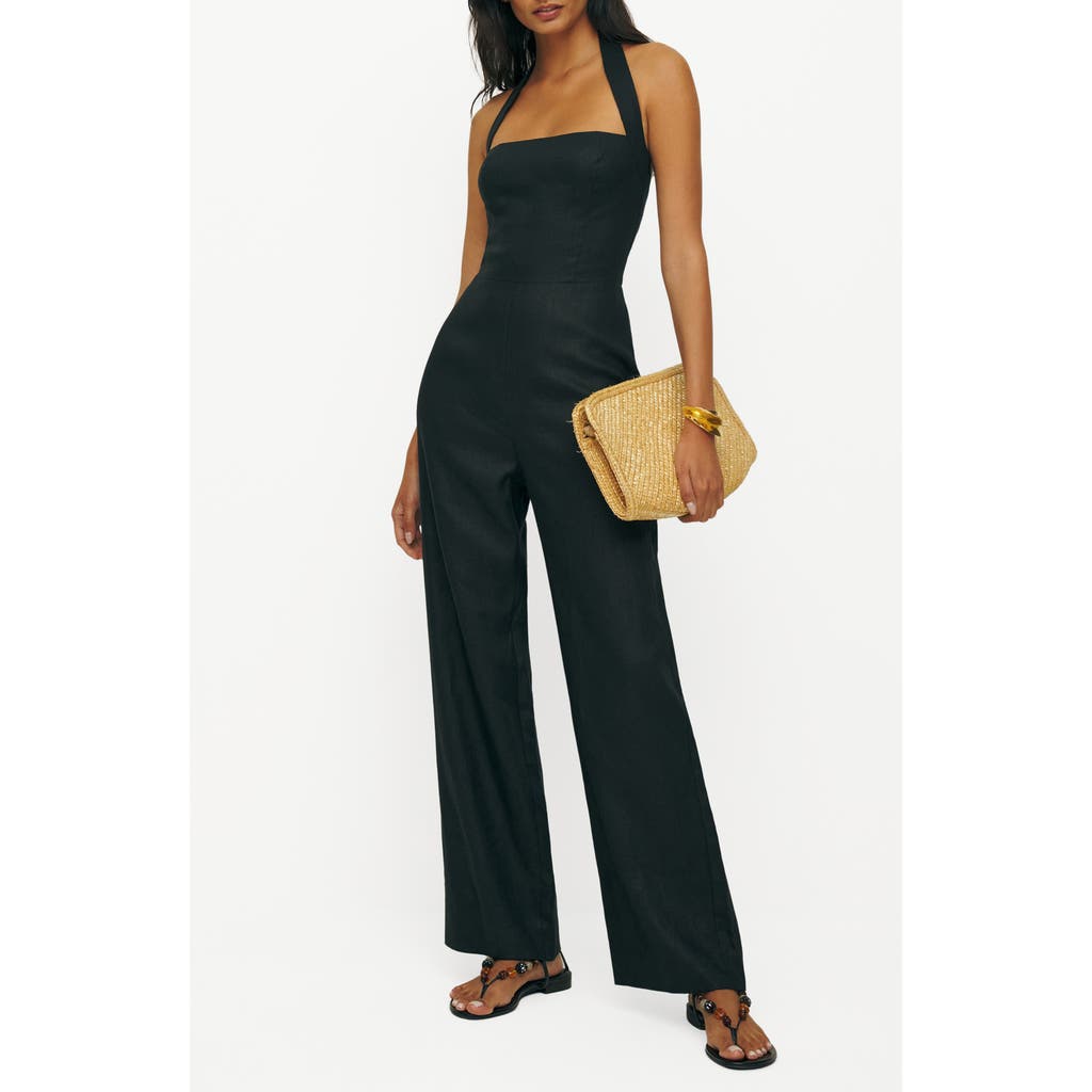 Reformation Malika Linen Halter Jumpsuit In Black